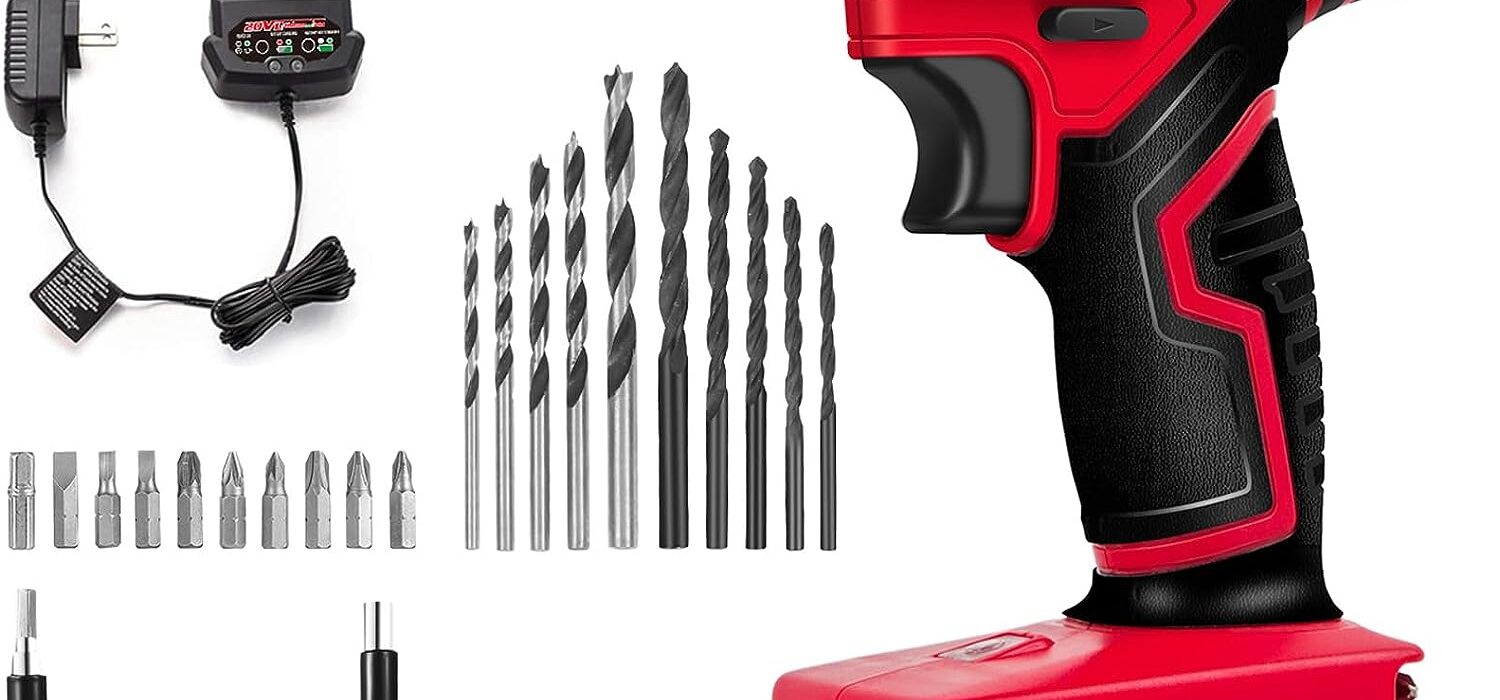 AVID POWER 20V MAX Lithium-Ion Cordless Drill Set - Power Drill Kit with Battery, Charger, and 22pcs Drill Bits (Red)